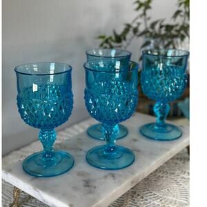 Indiana Glass Diamond Point Goblets Vintage Peacock Blue/Teal